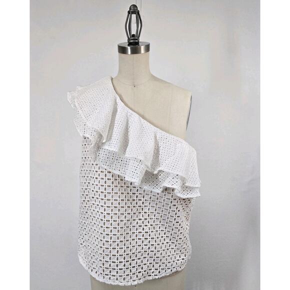 J Crew One Shoulder Ruffle Eyelet Top sz 6 White Cotton Nude Lining Boho Fairy - Picture 13 of 13